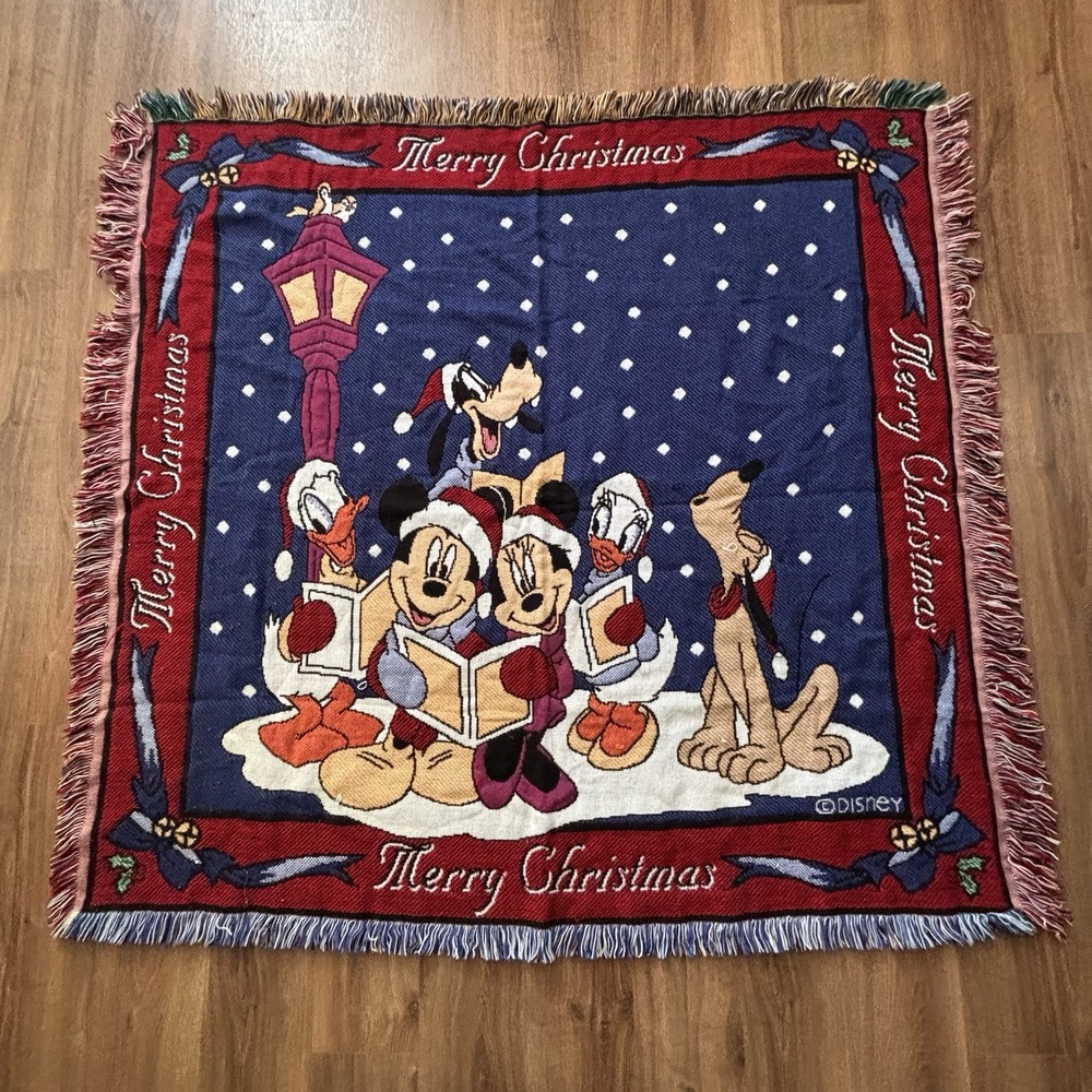 Vintage Disney Mickey & Friends Merry Christmas Blanket With Fringe Beacon USA